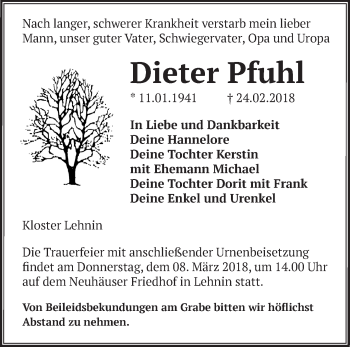 Traueranzeige von Dieter Pfuhl von Märkische Oderzeitung
