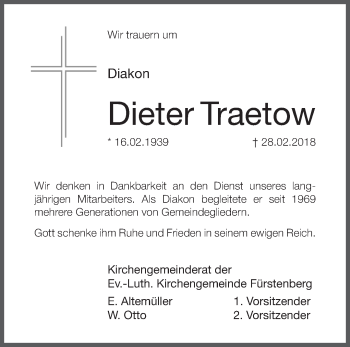 Traueranzeige von Dieter Traetow von Märkische Oderzeitung