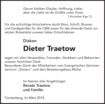 Traueranzeige von Dieter Traetow von Märkische Oderzeitung
