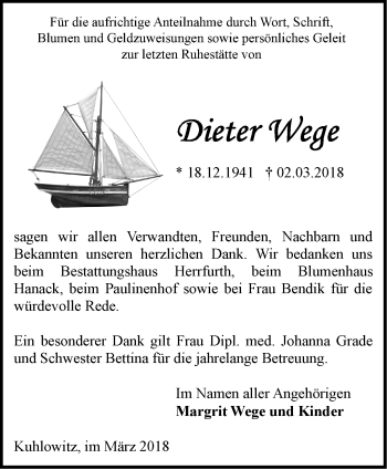 Traueranzeige von Dieter Wege von Märkische Oderzeitung
