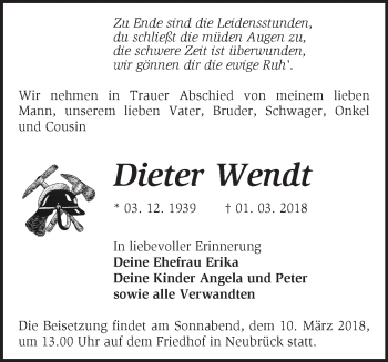 Traueranzeige von Dieter Wendt von Märkische Oderzeitung