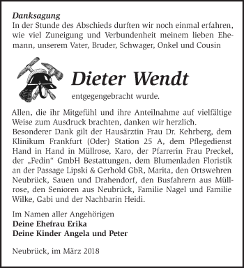 Traueranzeige von Dieter Wendt von Märkische Oderzeitung