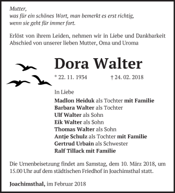 Traueranzeige von Dora Walter von Märkische Oderzeitung
