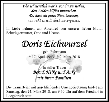 Traueranzeige von Doris Eichwurzel von Märkische Oderzeitung