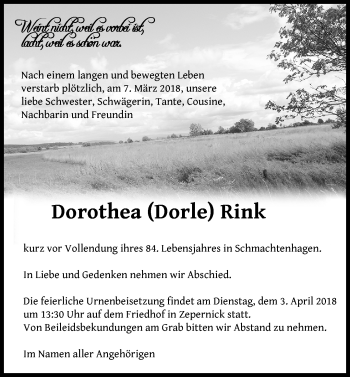 Traueranzeige von Dorothea Rink von Märkische Oderzeitung