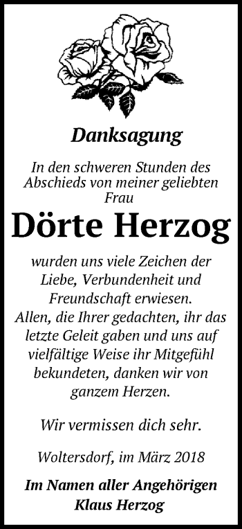 Traueranzeige von Dörte Herzog von Märkische Oderzeitung