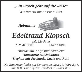 Traueranzeige von Edeltraud Klopsch von Märkische Oderzeitung