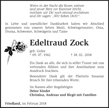 Traueranzeige von Edeltraud Zock von Märkische Oderzeitung