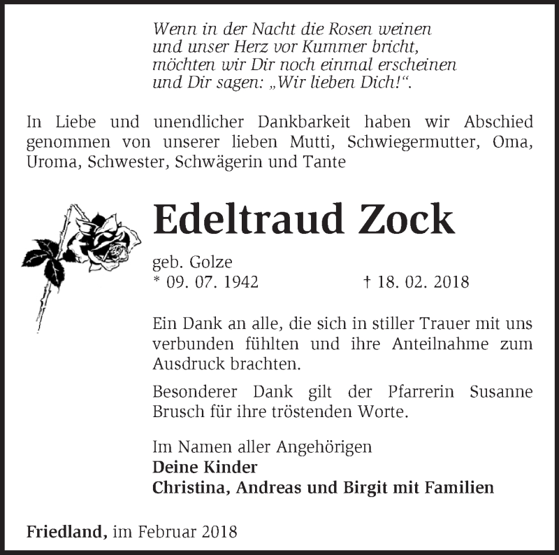  Traueranzeige für Edeltraud Zock vom 03.03.2018 aus Märkische Oderzeitung
