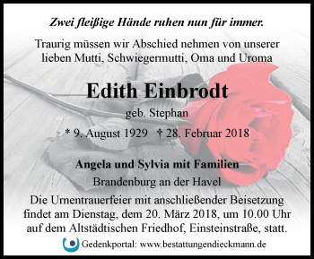 Traueranzeige von Edith Einbrodt von Märkische Oderzeitung