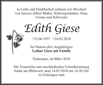 Traueranzeige von Edith Giese von Märkische Oderzeitung