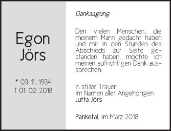 Traueranzeige von Egon Jörs von Märkische Oderzeitung