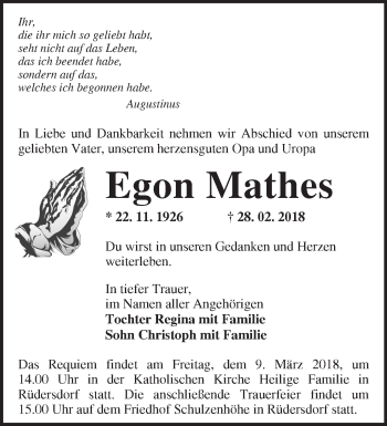 Traueranzeige von Egon Mathes von Märkische Oderzeitung