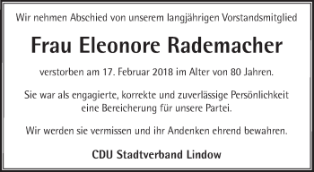 Traueranzeige von Eleonore Rademacher von Märkische Oderzeitung