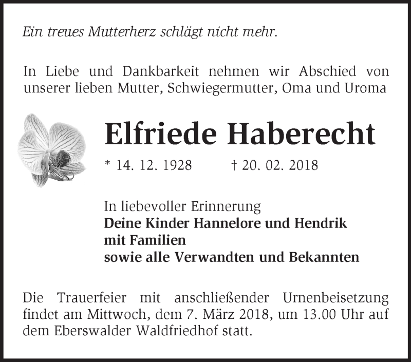  Traueranzeige für Elfriede Haberecht vom 04.03.2018 aus Märkische Oderzeitung