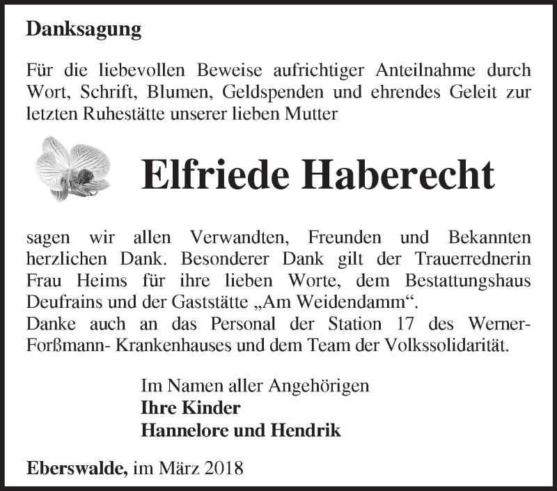  Traueranzeige für Elfriede Haberecht vom 18.03.2018 aus Märkische Oderzeitung