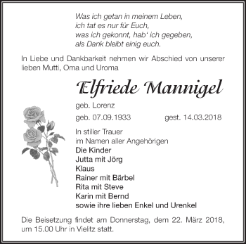 Traueranzeige von Elfriede Mannigel von Märkische Oderzeitung