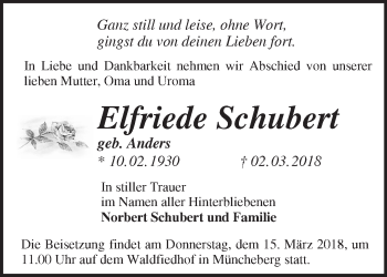 Traueranzeige von Elfriede Schubert von Märkische Oderzeitung