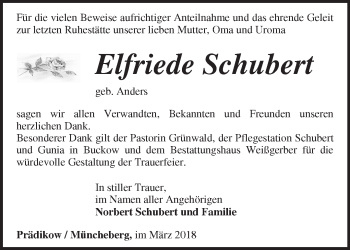 Traueranzeige von Elfriede Schubert von Märkische Oderzeitung