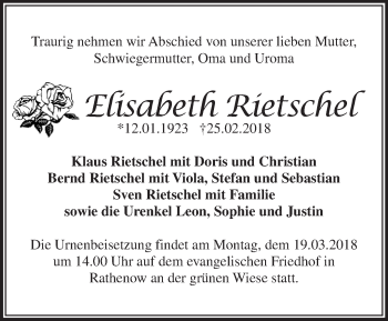 Traueranzeige von Elisabeth Rietschel von Märkische Oderzeitung
