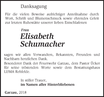 Traueranzeige von Elisabeth Schumacher von Märkische Oderzeitung