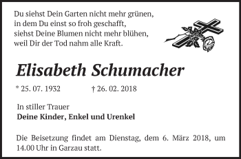 Traueranzeige von Elisabeth Schumacher von Märkische Oderzeitung