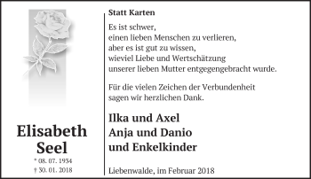 Traueranzeige von Elisabeth Seel von Märkische Oderzeitung