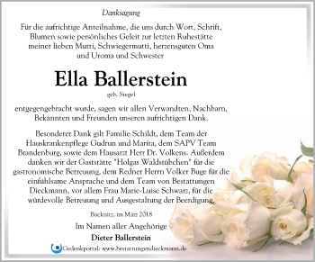 Traueranzeige von Ella Ballerstein von Märkische Oderzeitung