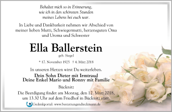 Traueranzeige von Ella Ballerstein von Märkische Oderzeitung