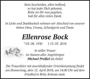 Traueranzeige von Ellenrose Bock von Märkische Oderzeitung