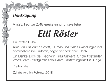 Traueranzeige von Elli Röster von Märkische Oderzeitung