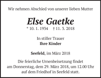 Traueranzeige von Else Gaetke von Märkische Oderzeitung