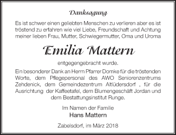 Traueranzeige von Emilia Mattern von Märkische Oderzeitung