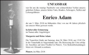 Traueranzeige von Enrico Adam von Märkische Oderzeitung