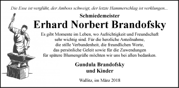 Traueranzeige von Erhard Norbert Brandofsky von Märkische Oderzeitung