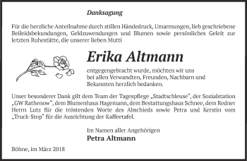 Traueranzeige von Erika Altmann von Märkische Oderzeitung