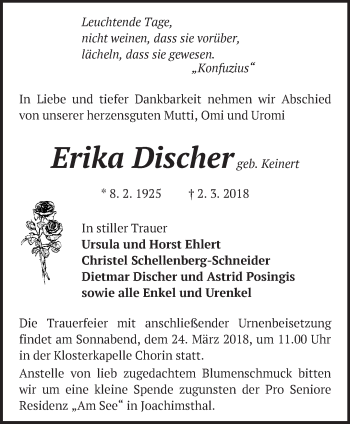 Traueranzeige von Erika Discher von Märkische Oderzeitung
