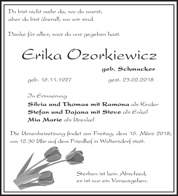 Traueranzeige von Erika Ozorkiewicz von Märkische Oderzeitung