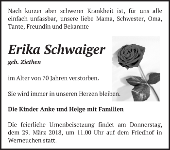 Traueranzeige von Erika Schwaiger von Märkische Oderzeitung