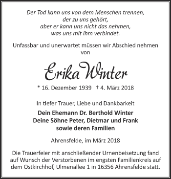 Traueranzeige von Erika Winter von Märkische Oderzeitung