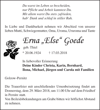 Traueranzeige von Erna  Goede von Märkische Oderzeitung