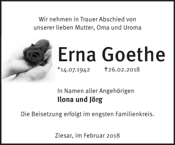 Traueranzeige von Erna Goethe von Märkische Oderzeitung