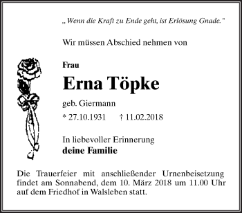 Traueranzeige von Erna Töpke von Märkische Oderzeitung