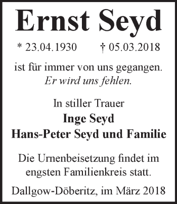 Traueranzeige von Ernst Seyd von Märkische Oderzeitung