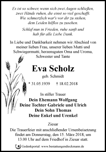 Traueranzeige von Eva Scholz von Märkische Oderzeitung
