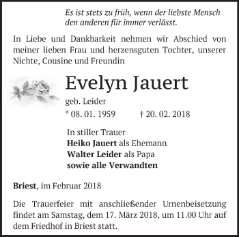 Traueranzeige von Evelyn Jauert von Märkische Oderzeitung