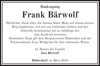 Traueranzeige von Frank Bärwolf von Märkische Oderzeitung