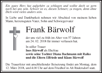 Traueranzeige von Frank Bärwolf von Märkische Oderzeitung