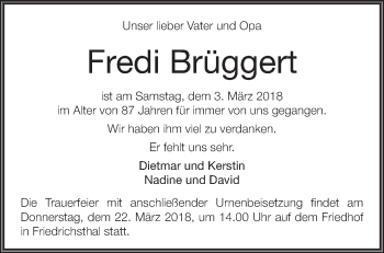 Traueranzeige von Fredi Brüggert von Märkische Oderzeitung