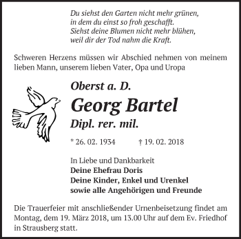 Traueranzeige von Georg Bartel von Märkische Oderzeitung